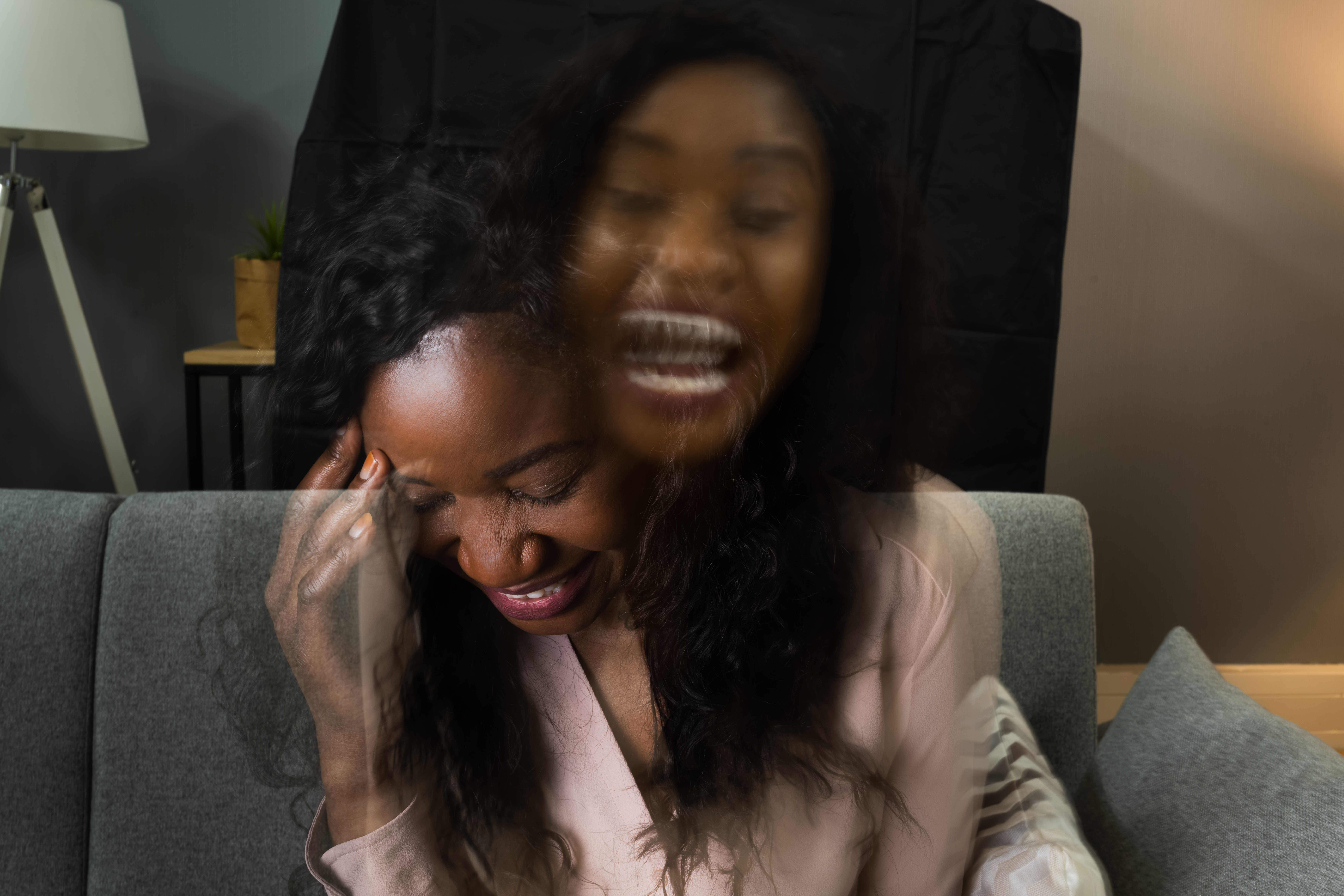 Schizophrenia Condition And Bipolar Disorder. Double Exposure Sad African Woman