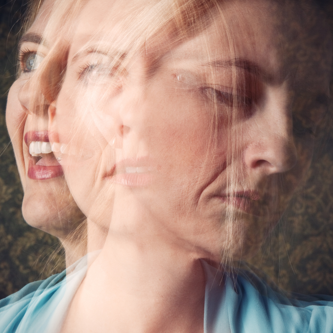 woman smiling and then frowning